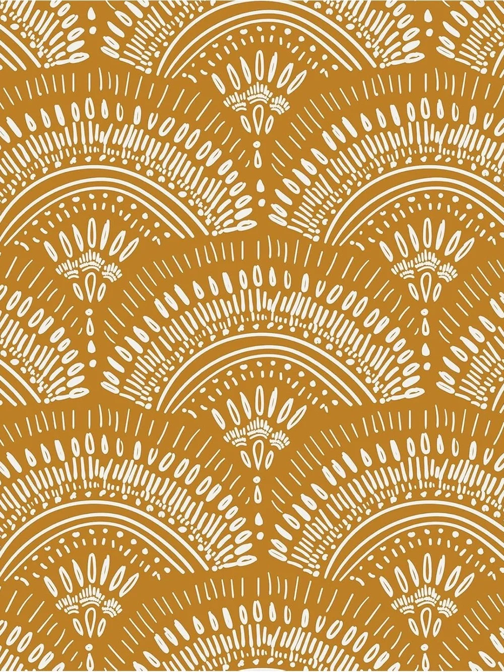 Boho Wallpaper with Scalloped Fans Motif in Yellow Ochre and White